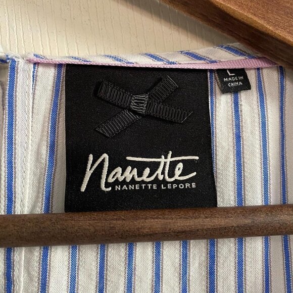 Nanette Lepore Front Tie Gold Embellished Blue White Stripe Blouse Size Large - Picture 3 of 10